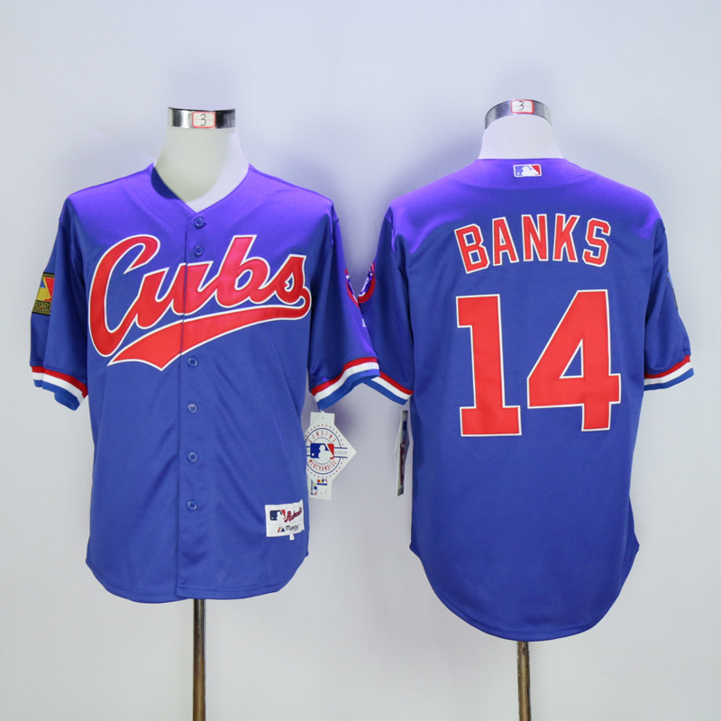 Men Chicago Cubs #14 Banks Blue Throwback 1994 MLB Jerseys